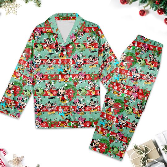 Discover Mickey Minnie Christmas Pajamas Set, Mickey Mouse Decorate Christmas Women Pajamas, Cartoon Xmas Party Button Up Shirt, Magic Kingdom Shirt