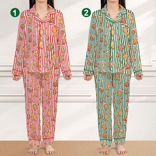 Cute Gingerbread Christmas Pajamas, Festive Gingerbread Cookie Pajamas, Red Green Striped Christmas PJs, Cozy Holiday Sleepwear Gift