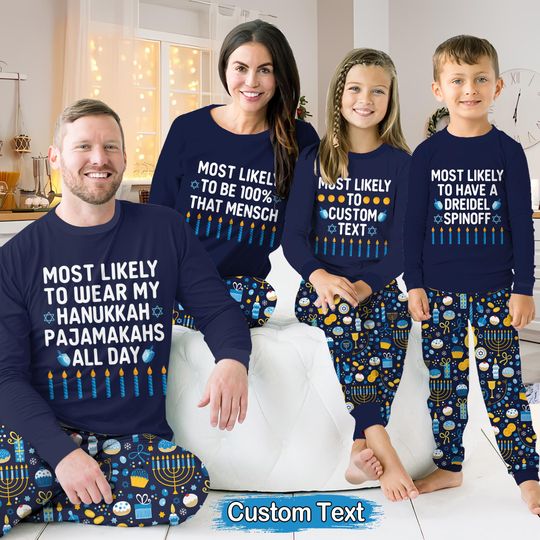 Most Likely To Personalized Hanukkah Pajamas Set, Custom Text Jewish Holiday Matching Long Sleeve Two Piece, Family Chanukah Loungewear Set
