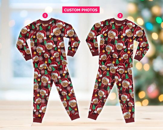 Discover Custom Faces Christmas Pajamas Set, Personalized Photo Dogs Cats Christmas, Matching Plaid Long Sleeve Two Piece Christmas Loungewear Set