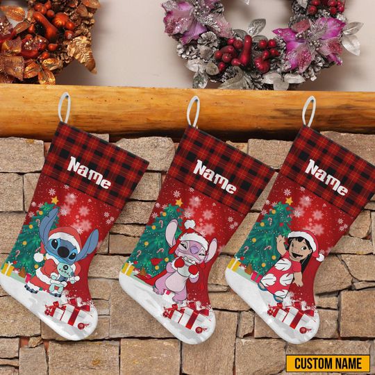 Discover Disney Stitch Christmas Stockings, Disney Stitch, Disney Characters Stockings, Stitch and Angel, Stitch Stocking, Christmas Home Decor