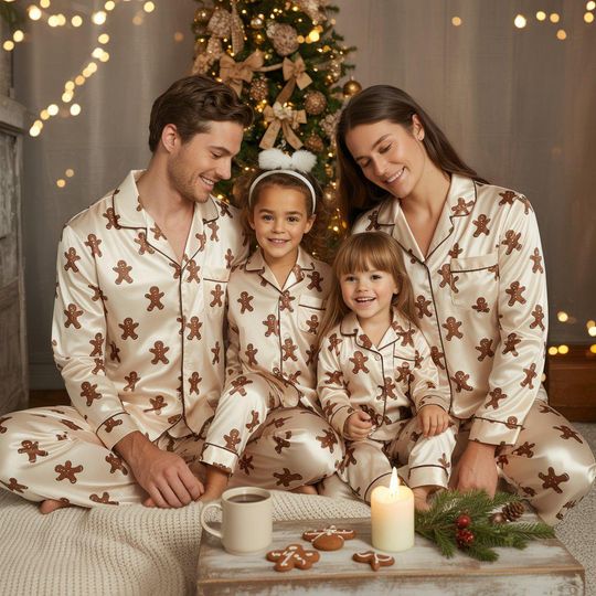 Matching Family Christmas Pajamas  Gingerbread Christmas pajamas set for women, soft beige checkered holiday sleepwear