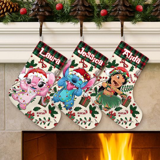 Discover Personalized Disney Stitch and Lilo Christmas Stockings, Lilo Stitch Angel With Name Stockings, Stitch Angel Christmas Socks, Home Decor