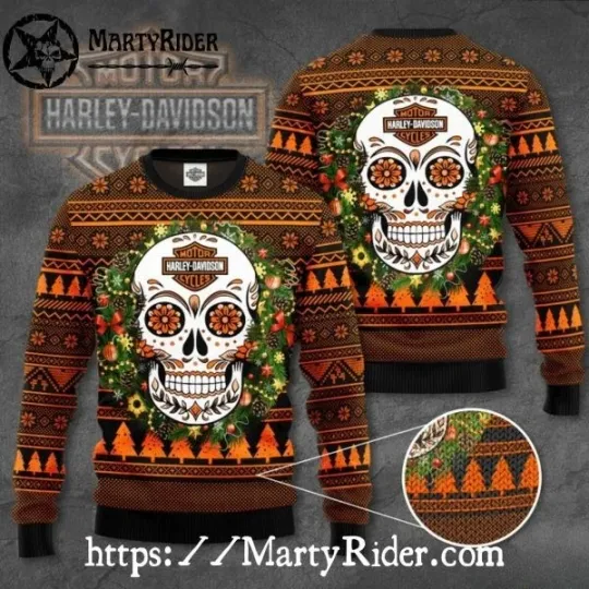 Discover Sugar Skull Wreath Haarleyy Davidson Christmas Ugly Sweater Motorcycles Fan