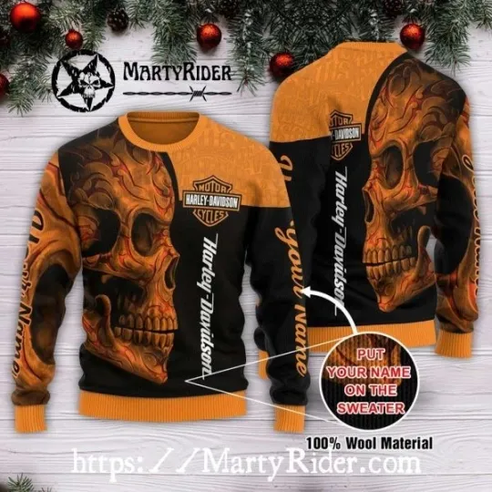 Discover Flaming Skull Haarleyy Davidson Christmas Ugly Sweater Motorcycles Fan