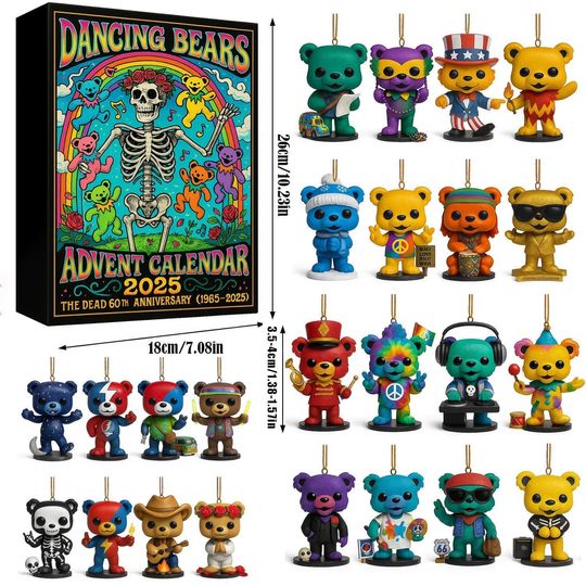 24 Days Dancing Bears Acrylic Advent Calendar 2025 Grateful Dead Christmas Countdown Box Gift for Music Fans