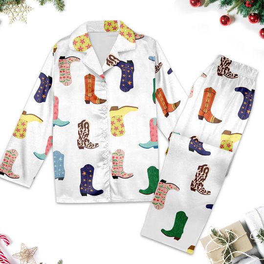 Colorful Cowboy Boot Christmas Pajamas, Cowboy Boot Pajamas Set, Cowboy Boot Xmas Holiday Party