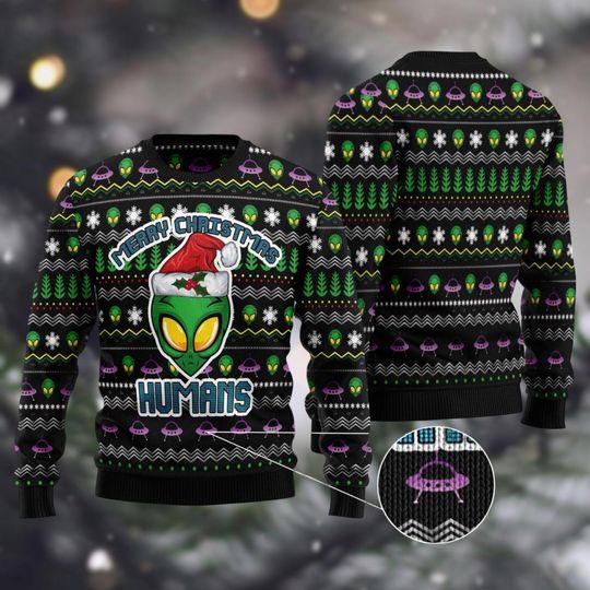 Alien Xenomorph Christmas Ugly Sweater, Merry Christmas Humans Sweater