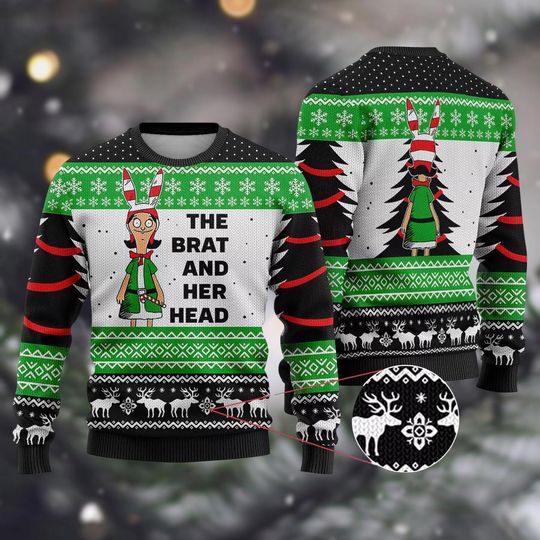 Discover The Brat And Her Head Bobs Burger Ugly Christmas Sweater, Funny TV Series Sweater