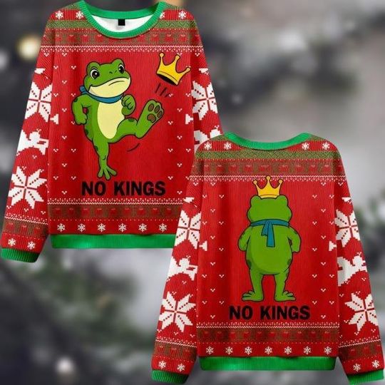 Discover No Kings Frog Protest Christmas Ugly Sweater,  I Stand With Frog Xmas Sweater