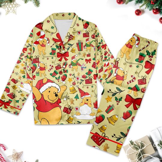 Discover Winnie The Pooh Women Pajamas Set, Pooh Bear Christmas Long Pajamas, Disney Pooh Christmas Party Shirt