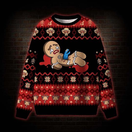 Funny Ugly Christmas Sweater | Gingerbread Cookie Horror Top | Dark Humor Holiday Sweater | Weird Xmas Gift | Edgy winter sweater