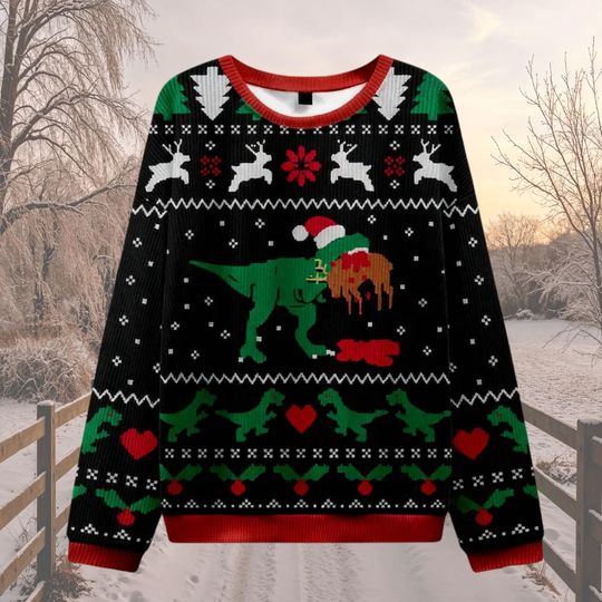 Funny T-Rex Dinosaur Christmas Sweater, Funny Ugly Xmas Jumper, Dino Eating Gingerbread Sweatshirt, Unisex Holiday Gift for Him Her