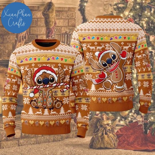 Discover Stitch Inspired Gingerbread Ugly Christmas Sweater, Cute Blue Alien Holiday Sweatshirt, Funny Xmas Sweater Gift 2025
