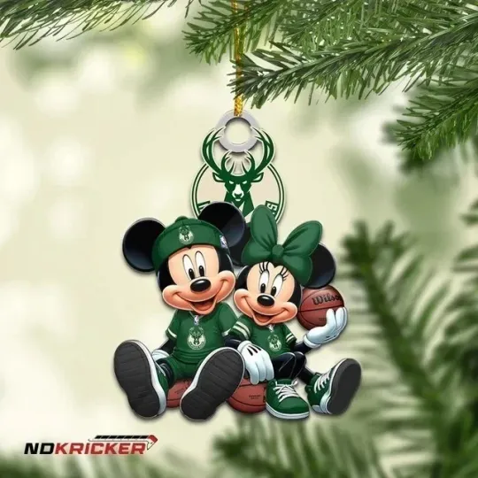 Discover Personalized Milwaukee Basketball Bucks Team Mickey Minnie Christmas Ornament