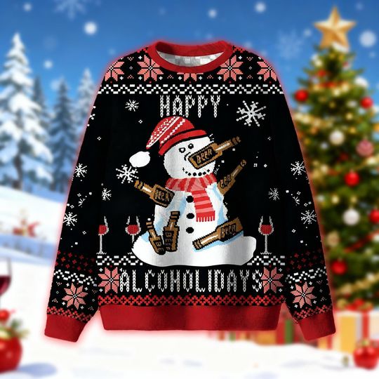 Happy Alcoholidays Ugly Christmas Sweater, Drinking Xmas Sweatshirt, Snowman Party Crewneck