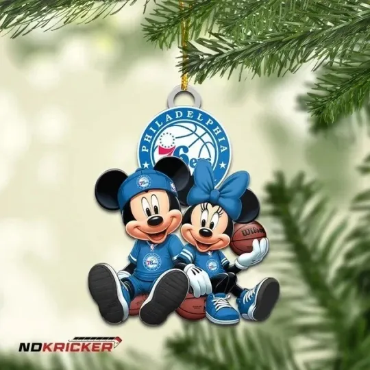 Discover Personalized Philadelphia Basketball 76ers Team Mickey Minnie Christmas Ornament