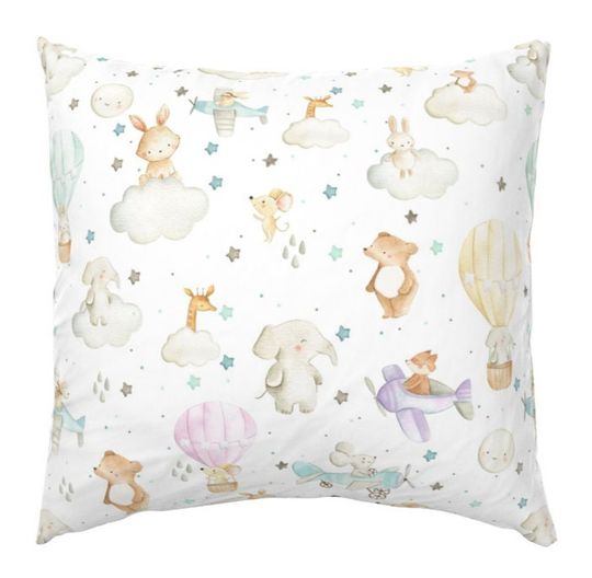 Discover Woodland Animals Nursery Pillow with Hot Air Balloon for Kids Room Decor