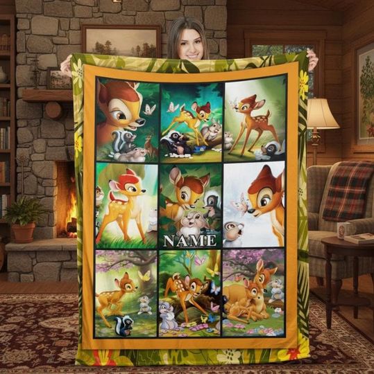 Custom Name Animals Cartoon Characters Blanket, Personalized Name Cartoon Blanket, Bambi Blanket For Kids, Retro Cartoon Blanket