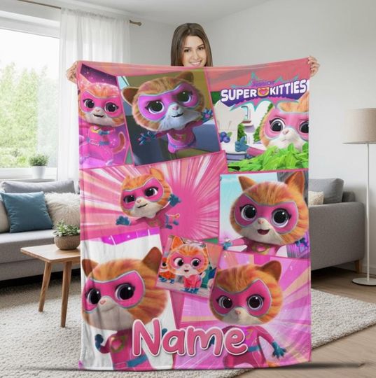 Discover Custom Name Super Cat Cartoon Blanket, Personalized Name Cartoon Blanket, Cat Birthday Girl Blanket Gift, Cat Superhero Kitties Blanket