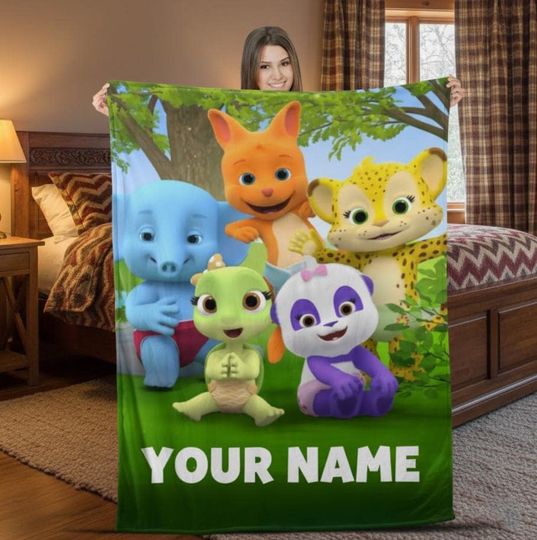 Discover Custom Name Word Party Cartoon Blanket, Personalized Name Cartoon Blanket, Cartoon Baby Animals Blanket, Word Party Birthday Party Blanket
