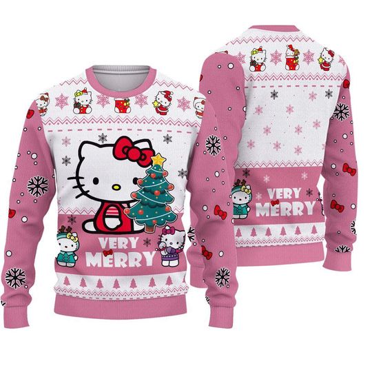 Hello Kitty Ugly Christmas Sweater, Pink Holiday Jumper, Xmas Gift for Women Girls