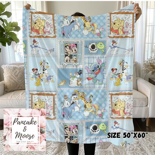 Discover Winter  Blue Dog Character Blanket | Cartoon Friends Snow Day Blanket | Kids Holiday Fleece Gift