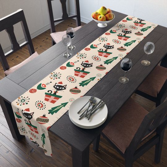 Discover Mid Century Modern Atomic Kitschy Cat Christmas Table Runner, 50s Vintage Style Holiday Decor