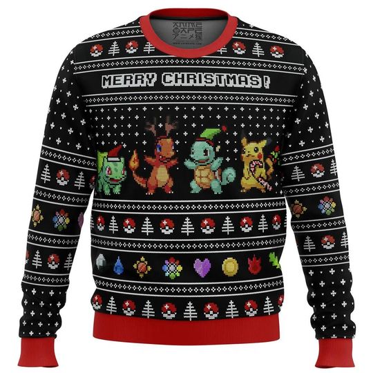 Discover Love PKM Kanto Starters Christmas Sweater, Pika Ugly Christmas Sweater
