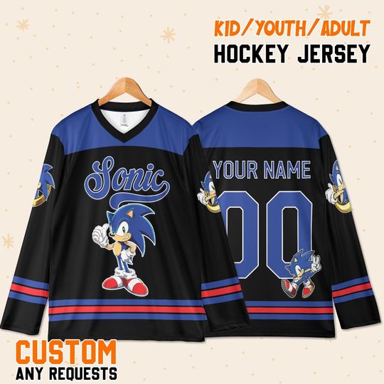 Custom Sonic Hockey Jersey for Kids and Adults, Personalized Name and Number, Gamer Gift, Sonic Birthday Outfit, Youth Team