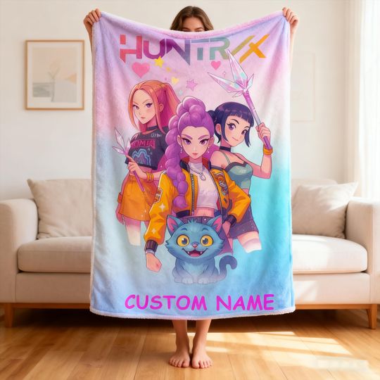 Discover Custom Kpop Demon Hunters Huntrix Blanket with Name, Personalized Demon Hunters Blanket Fantasy Anime Bedding, K-pop Fan Gift