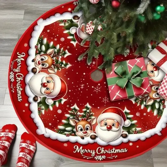 Discover Christmas Tree Skirt Reindeer Pattern Festive Decoration Mat Cloth Cover Xmas