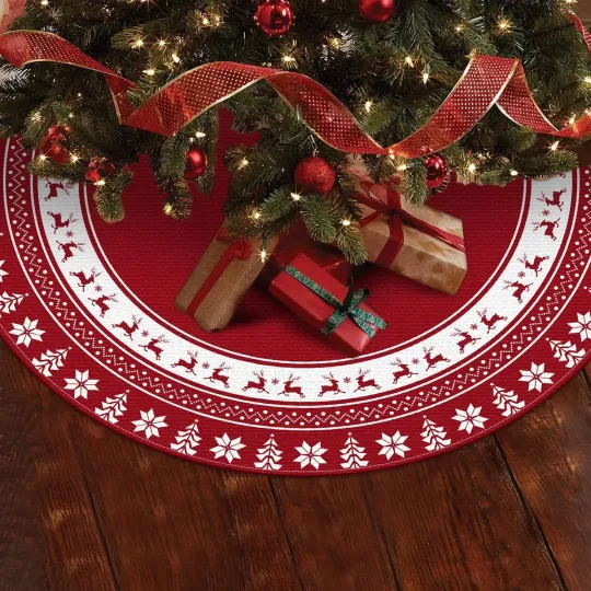 Discover 58 Inch Large Christmas Tree Skirt Red Snowflake Reindeer Holiday Party Decor