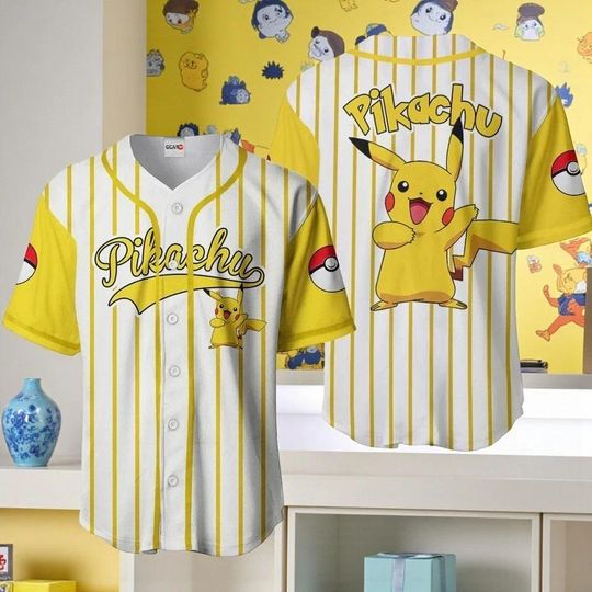 Pika Baseball Jersey, Cool PKM Shirt for Men Women, Japanese Anime Top