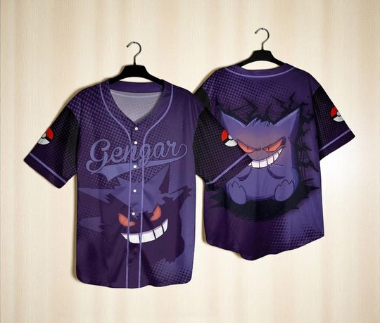 Gengar Baseball Jersey, Cool PKM Shirt for Men Women, Purple Streetwear Anime Top