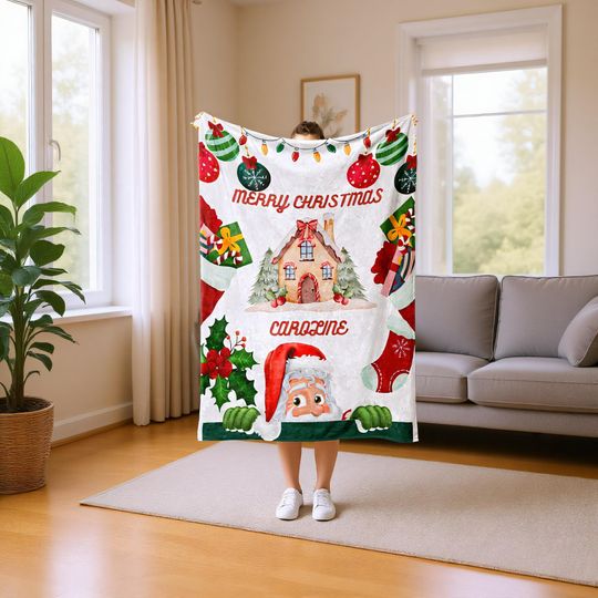 Discover Personalized Christmas Fleece Blanket with Name, Custom Flannel Holiday Throw