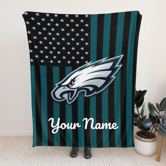 Personalized Philadelphia Eagles Fleece Blanket with American Flag Design