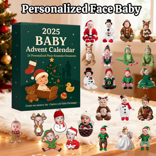 Discover Personalized Baby Face Advent Calendar 2025, Custom Name Christmas Countdown Box, 24 Photo Keepsake Ornaments, Unique Holiday Gift