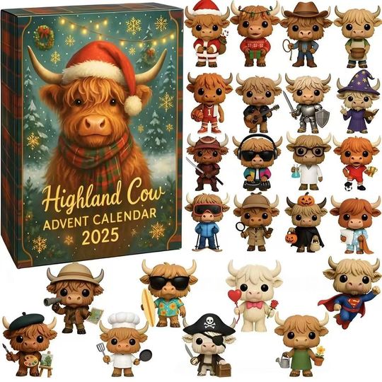 Discover Highland Cow Christmas 3D Advent Calendar, 24 Day Mini Figurine Box, Unique Christmas gifts, Vintage Christmas Ornament Countdown