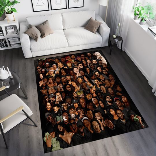 Discover Hiphop Rug, Legends Rug, Rappers Rug, Music Room Rug, Music Decor Rug, Rap Stars Collage Rug
