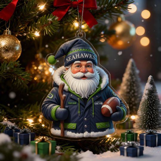Personalized Seattle Football Santa Ornament 2025  Custom Name Acrylic Christmas Ornament for Seahawks Fans, Holiday Sports Gift
