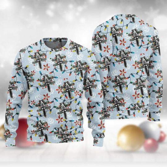 Skeleton Biker Christmas Ugly Sweater, Funny Motorcycle Holiday Sweater, Gothic Xmas Sweatshirt, Biker Gift, Christmas Party Outfit