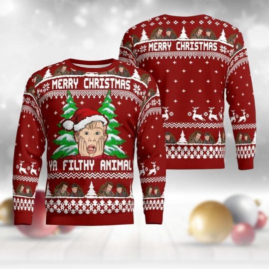 Home Alone Ugly Christmas Sweater, Ya Filthy Animal Sweatshirt, Xmas Holiday Gift For Men Women And Kids, Cute Xmas Gift for Boys Girls