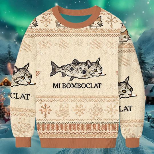 Funny Cat Fish Christmas Sweater, Beige Holiday Jumper with Cat-Fish Hybrid Design and Humorous Quote, Quirky Festive Gift