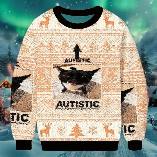 Funny Cat Meme Christmas Sweater, Beige Holiday Jumper with Black Cat Design and Bold Text, Quirky Festive Knit Gift for Friends