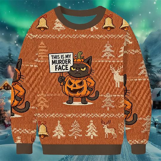 Discover Funny Cat Murder Face Christmas Sweater, Orange Pumpkin Holiday Jumper, Ugly Xmas Sweatshirt for Men Women, Sarcastic Winter Gift