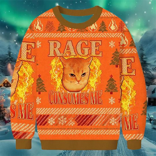 Discover Rage Cat Christmas Sweater, Funny Angry Cat Holiday Jumper, Orange Fire Ugly Xmas Sweatshirt for Men Women, Meme Winter Gift
