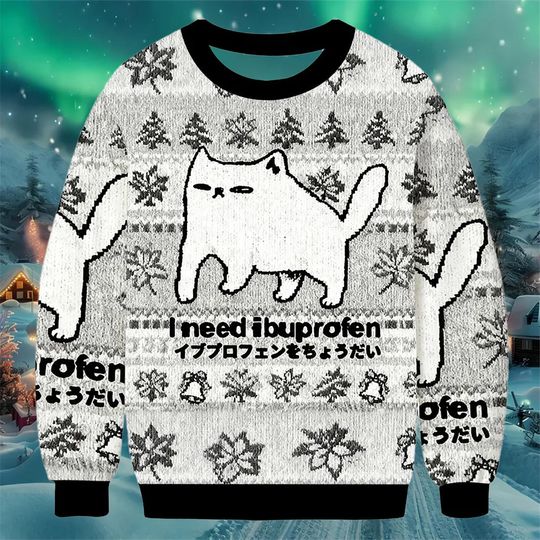 Discover Funny Ibuprofen Cat Christmas Sweater, Black White Meme Holiday Jumper, Ugly Xmas Sweatshirt with Tired Cat Design, Sarcastic Winter Gift