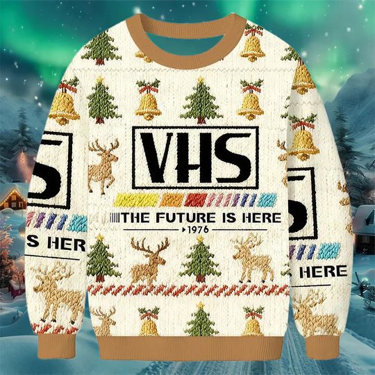 Retro VHS Christmas Sweater, Vintage Tape Holiday Jumper, Beige Multicolor Ugly Xmas Sweatshirt for Men Women, Nostalgic Winter Gift