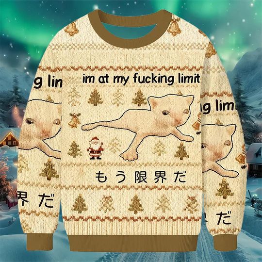 Funny Cat Limit Christmas Sweater, Beige Meme Holiday Jumper, Ugly Xmas Sweatshirt with Tired Cat Design, Sarcastic Winter Gift